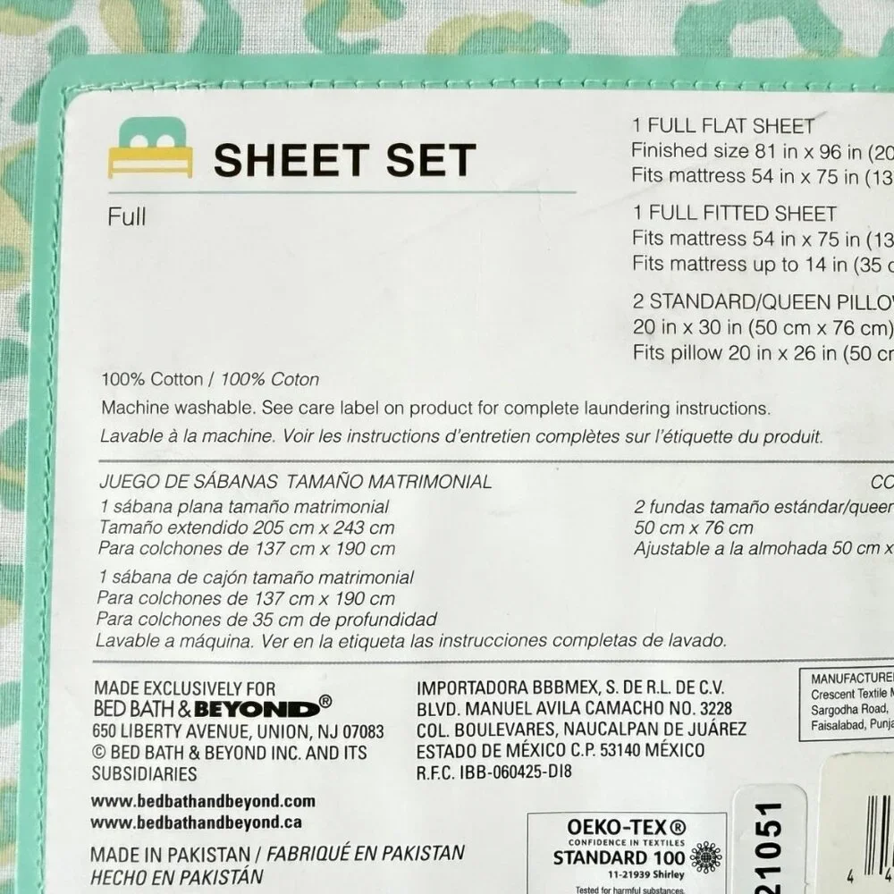 new Marmalade brand Lightweight 100% Cotton Full Sheet Set in Mint Green Leopard